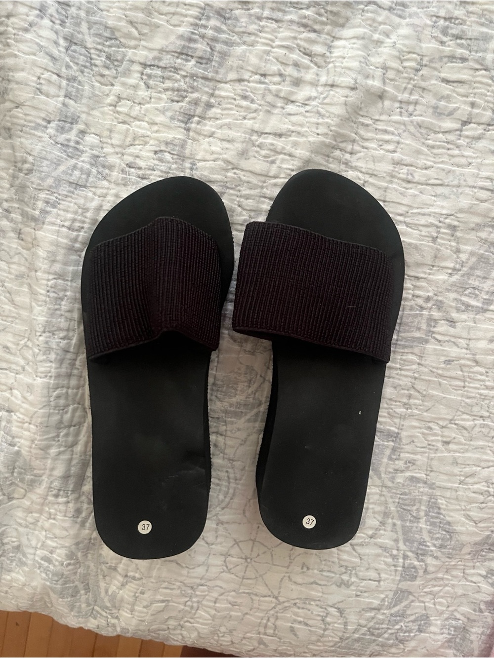 Black Slide Sandals with Elastic Knit Strap - Women SIZE 37
